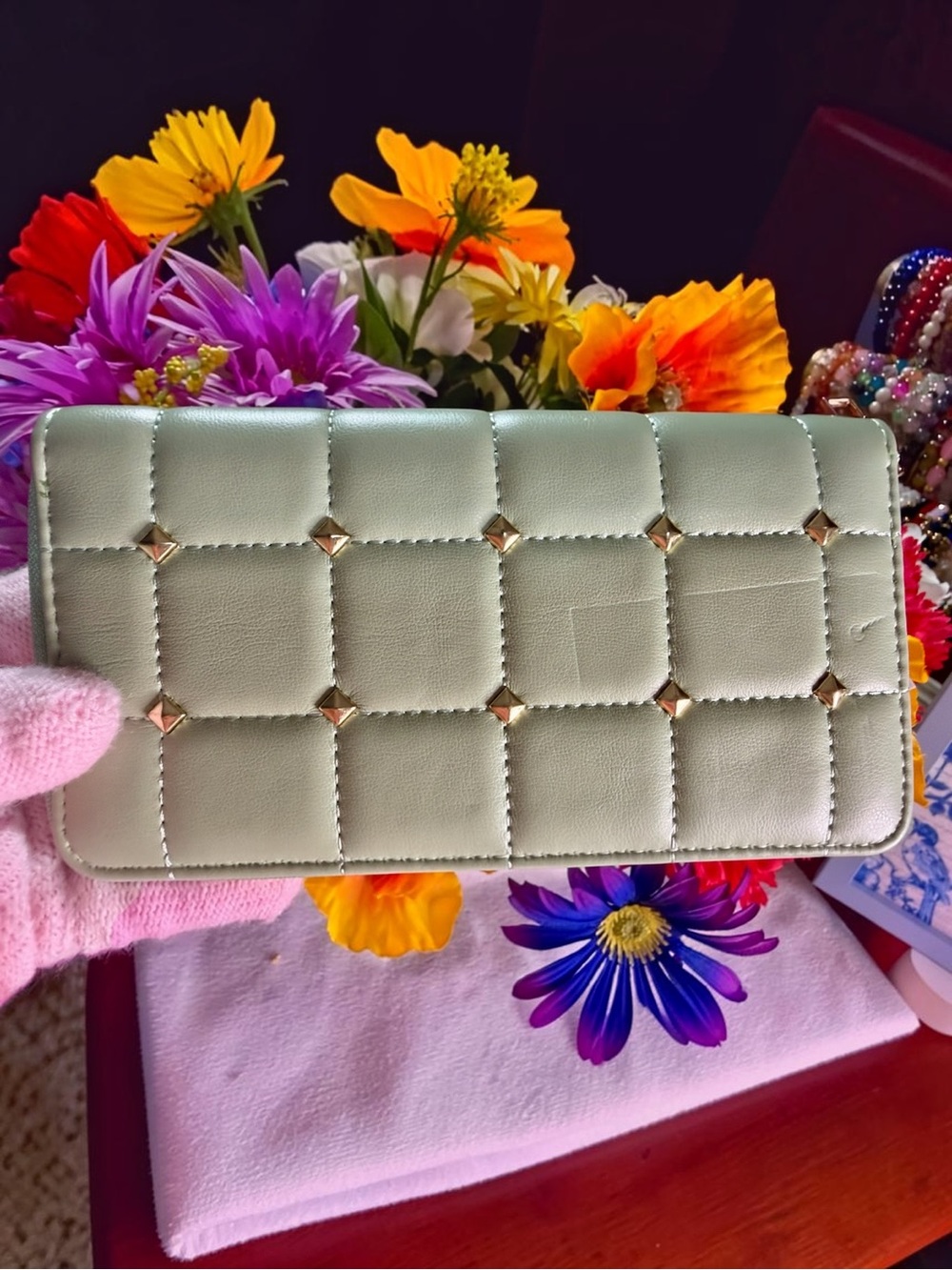 Quilted Studded Wallet - Pale Mint